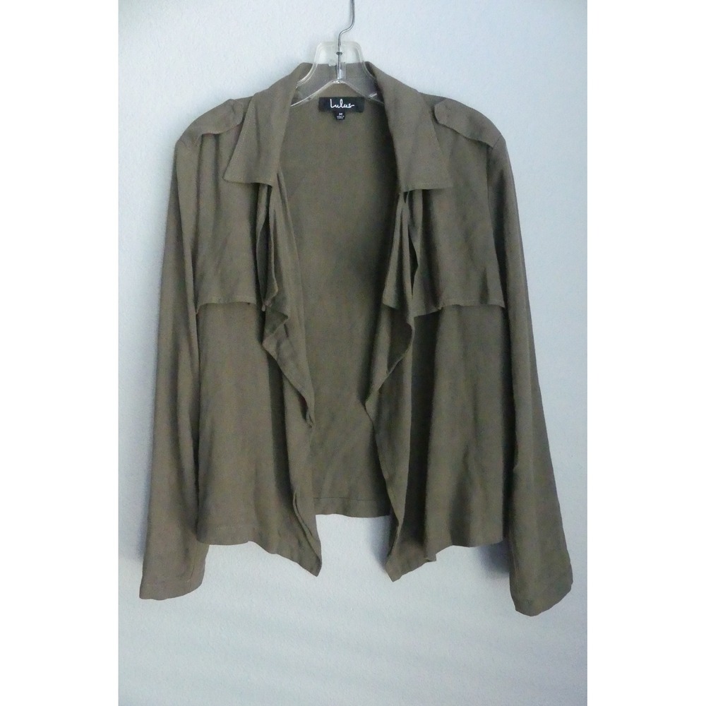 Lulus Green Linen Blend Open Front Draped Jacket Sz M Office Casual Utility